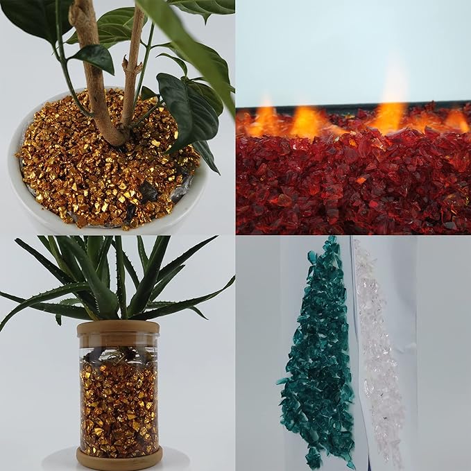 TWINKLING High Luster Fire Glass Gravel Stone Glitter,Broken Glass,Fire Gems Chips,Crushed Glass for Fire Pit Crafts Resin Art Aquarium Garden Decoration,3-6mm,1-Pound Jar (Dark Green)