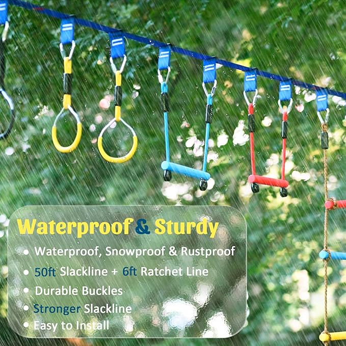 Ninja Warrior Obstacle Course for Kids, 2×56ft Slackline Kit with 8 Ninja Accessories - Monkey Bar, Rope Ladder, Gymnastic Ring, Arm Trainer and Monkey Fist