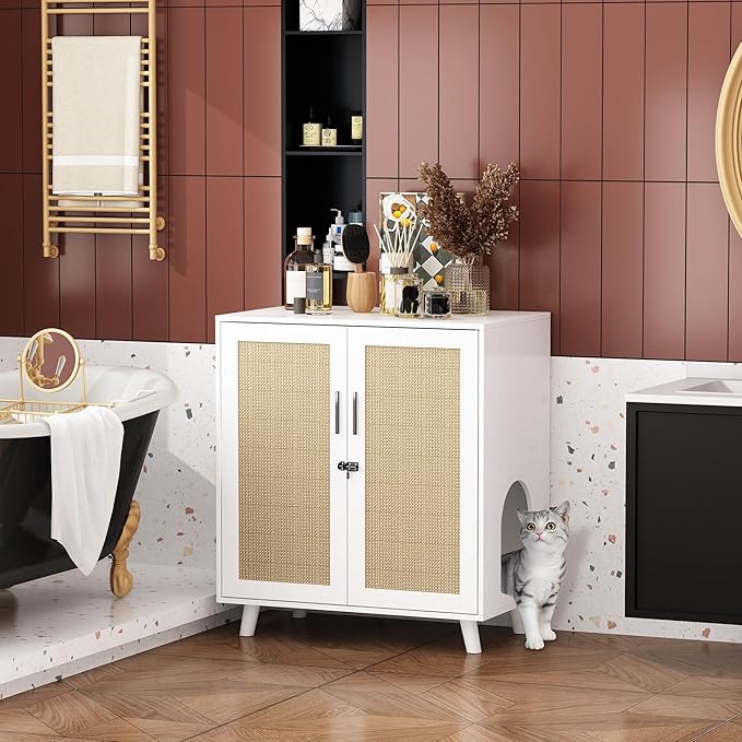 Lovinouse Large Cat Litter Box Enclosure,Hidden Kitty Litter Furniture with Sisal Covered Doors,2-Layer Wooden Cat Washroom Cabinet w/Adjustable Shelf, Side Table for Living Room,White
