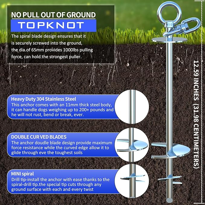 TOPKNOT Dog Tie Out Stake,Heavy Duty Dog Run-304 Stainless Steel Stake,360° Swivel Dog Runner for Yard,Use Any Tie Out Cable or Yard Leash-Up to 200 LBS- Outdoor Camping