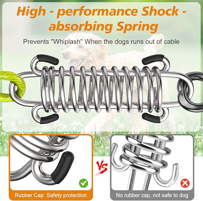 Tresbro 30 FT Dog Tie Out Cable with Spring, Shock Absorbing Tether Chains for Outside Aavilable in 10/15/20/25/30/40/50/70/100/120 FT, Heavy Duty Leads for Yard for Medium & Large Dogs Up to 500 LBS