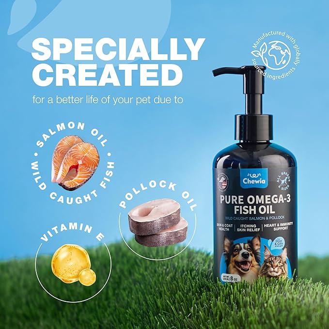 Omega 3 Fish Oil for Dogs and Cats - Healthy Skin and Coat Support Supplement - Omega 3 6 9 EPA DHA Fatty Acids - Itchy Skin, Shedding, Immunity, Joint - Wild Caught Salmon and Pollock Food Topper