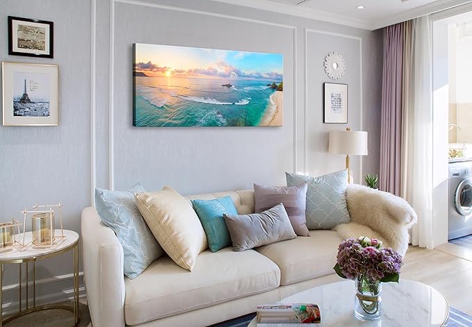 XXMWallArt FC3962 Tropical Beach Wall Art Blue Sea Sunset Natural Scenery Picture Print On Canvas Seascape Canvas Print Artwork for Living Room Bedroom Kitchen Home and Office Wall Decor