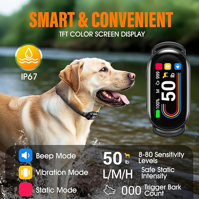 Smart Dog Bark Collar - for Small Medium Large Dogs 10-100lbs, Automatic Dog Training Collar to Decrease Barking, Anti Barking Device with 4 Training Modes, More 8 Sensitivity Levels, Black
