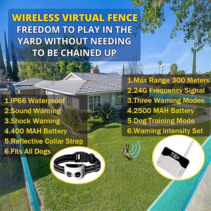 Wireless Dog Fence Electric Training Collar 2 in 1, Dog Boundary Containment System, Beep & Shock Dog Fence with Waterproof Collar, Adjustable Control Range, Pet Fence for Stubborn Dogs,for2dogs
