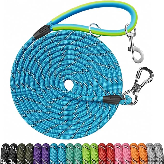 NTR Training Leash, 30FT Blue Check Cord Rope Lead, with 2 Swivel Hooks, Reflective Threads and Comfortable Handle, Puppy Leash for Walking, Hunting, Camping, Backyard for Small Medium and Large Dogs