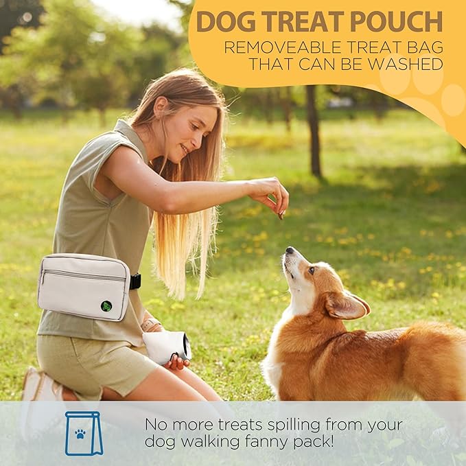 Puppy Dog Treat Pouches for Pet Training Treat Bag, Dog Walking Fanny Pack with Carabiner, Built-in Poop Bag Dispenser & Reuse Dog Poop Holder, Puppy Pet Treat Waist Belt (Cream)