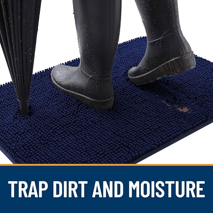 OLANLY Dog Door Mat Set 2-Piece 30x20, Absorbs Moisture and Dirt, Absorbent Non-Slip Washable Doormat, Quick Dry Chenille Mud Mat for Dogs, Entry Indoor Entryway Carpet for Inside Floor, Navy Blue