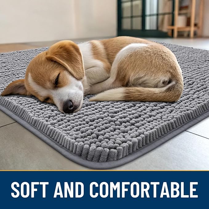 Smiry Dog Door Mat for Muddy Paws 44x24, Absorbs Moisture and Dirt Doormat, Non-Slip Washable Quick Dry Chenille Front Door Mat Indoor Entrance, Entryway Carpet for Inside Floor, Grey