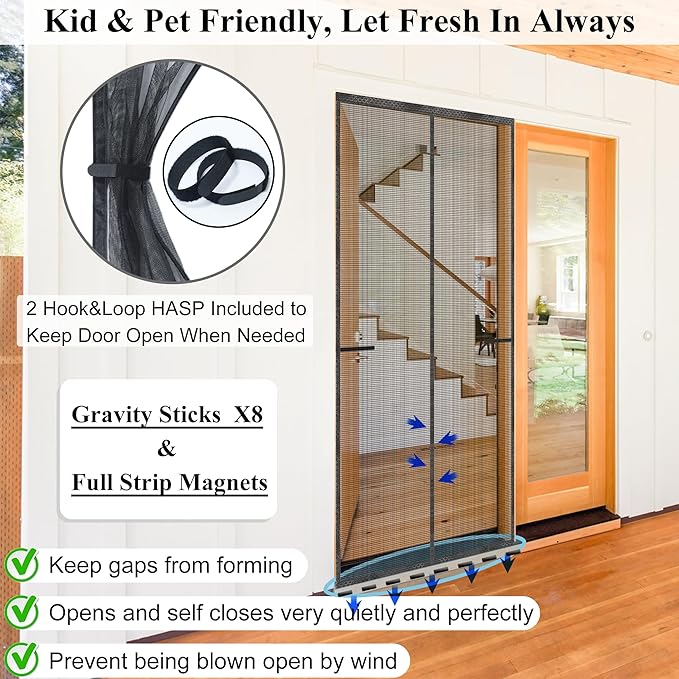 Magnetic Screen Door Upgraded-Model Full Strip Magnets,Fiberglass Heavy Duty Mesh Door Net Screen with Magnet,Full Frame Seal Retractable Mosquito Net for Door Single Front,Fit to 36"x80"