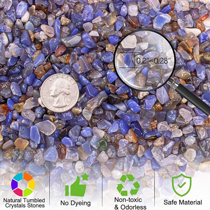 0.5 Lb/230g Blue Agate Crushed Stone Tumbled Chips Bulk, Natural Polished Aquarium Gravel Rocks Crystals Stones Decorative Fish Tank Pebbles Vase Filler - 5-7mm