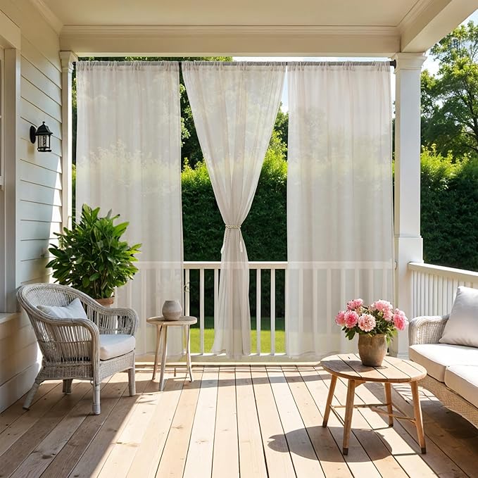 All Weather Outdoor Sheer Patio Curtains 6 Pcs Rod Pocket Sheer Outdoor Curtains for Porch, Balcony, Gazebo, Pergolas,Cabana,Beige,54x95 Inch