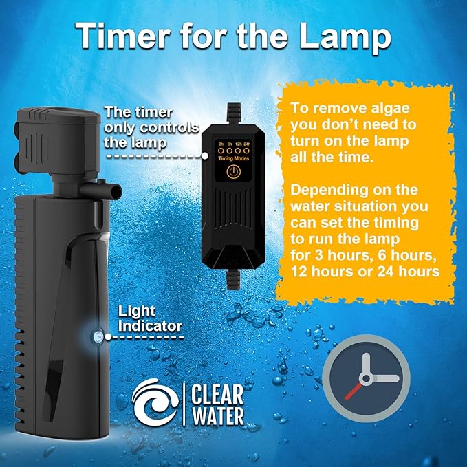 AquaMiracle Aquarium Filter with U - V Light & Pre-Filter Sponge, Fish Tank Filter with Timer for Green Water, Green Clean Machine Turtle Filter with Aeration for Aquarium and Pond 70-100 Gallon