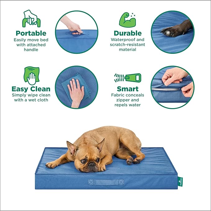 FurHaven Cooling Dog Bed – Large Foam Mattress for Joint Pain Relief, Waterproof Liner, Removable Washable Cover, Durable for Outdoor Use, Deluxe Grid Indoor/Outdoor Bed – Blue, Large