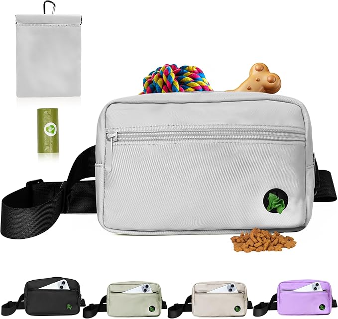 Puppy Dog Treat Pouches for Pet Training Treat Bag, Dog Walking Fanny Pack with Carabiner, Built-in Poop Bag Dispenser & Reuse Dog Poop Holder, Puppy Pet Treat Waist Belt (Grey)