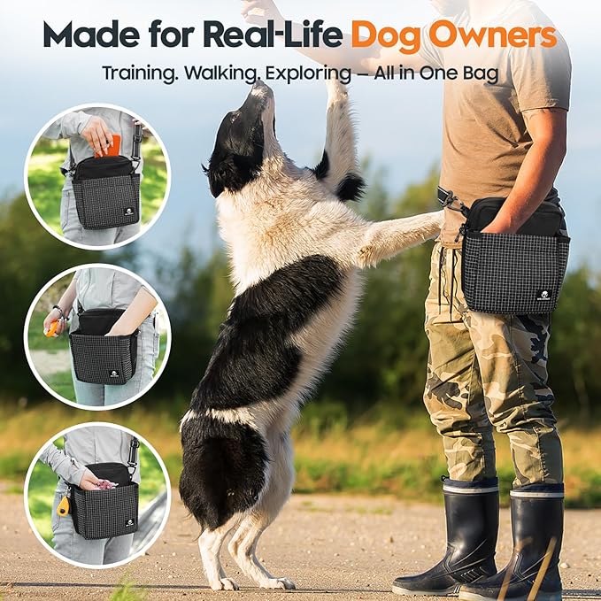 Dog Treat Pouch – Large Capacity with Magnetic Closure, Dog Walking Fanny Pack Built-in Poop Bag Dispenser, Clicker & Collapsible Bowl for Training & Walking - Black