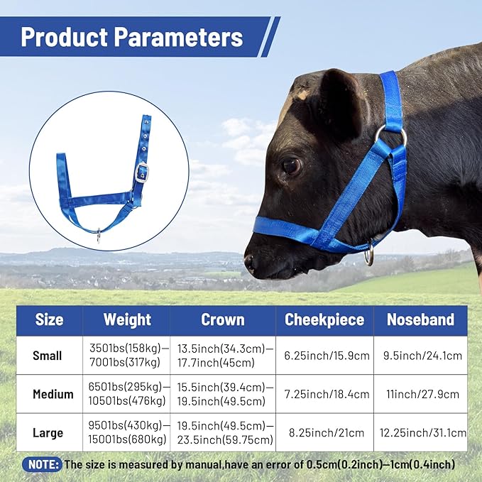 XUANNIAO Easily Adjustable Figure 8 Cow Halter, Double-Ply Premium Livestock Cattle Halters, Colorful Cow Utility Calf Halter with Leading Rope for Miniature Horse Donkey Goat Foal (Medium, Blue)