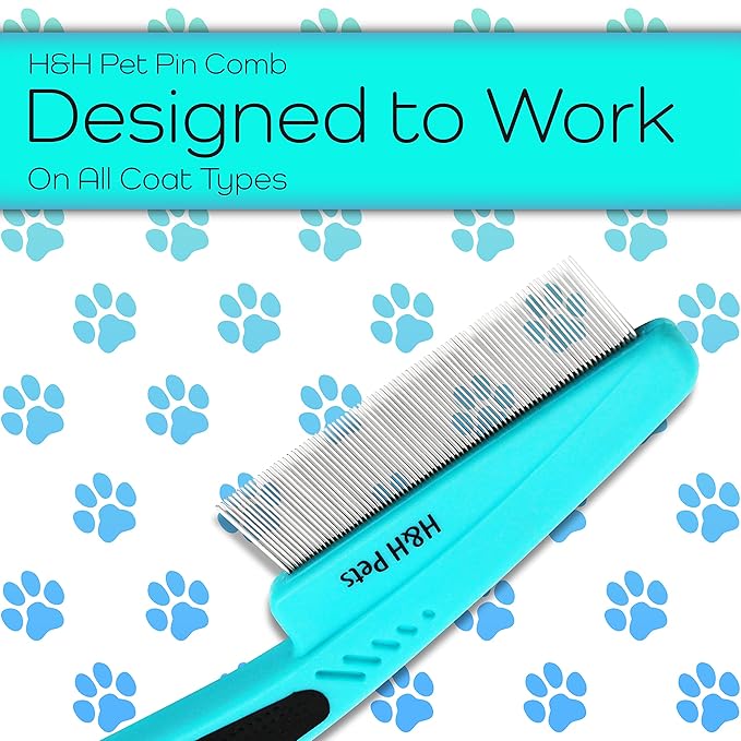 Pin Comb by H&H Pets - Upgraded Rubber Handle Comb with Long and Short Teeth for Dogs & Cats, Grooming Supplies, 1 Count (Pack of 1)