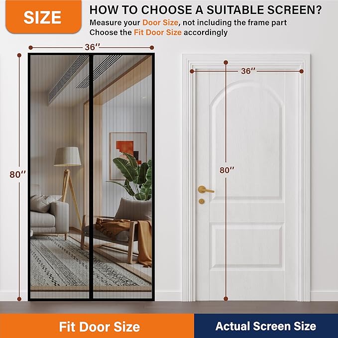 Magnetic Screen Door, Keep Bugs Out, Pet & Kid Friendly，Works with Front Doors, Sliding Doors,Fit Door Size 36 x 80 Inches ‎Black