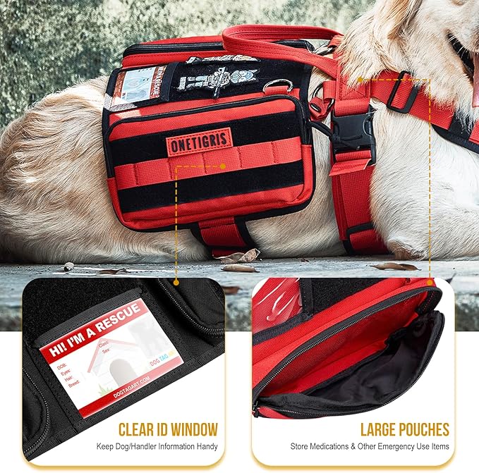 OneTigris Service Dog Vest Harness, Service Dog Cape Guardian Dog Backpack Harness with Pouches Dog Saddle Bag for Small Medium and Large Dogs (Red, M)