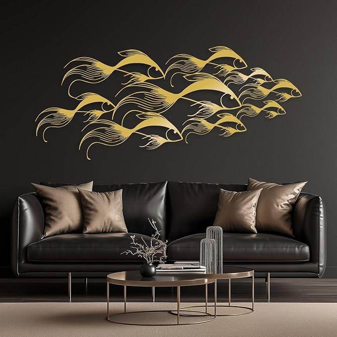 School of Fish Metal Wall Art, Metal Fish Wall Decor, Sea Life Wall Art, Large Nautical Wall Hanging, Modern Beach House Wall Decor, Ocean Themed Artwork for Bathroom (White, 48"x20" | 121x51cm)