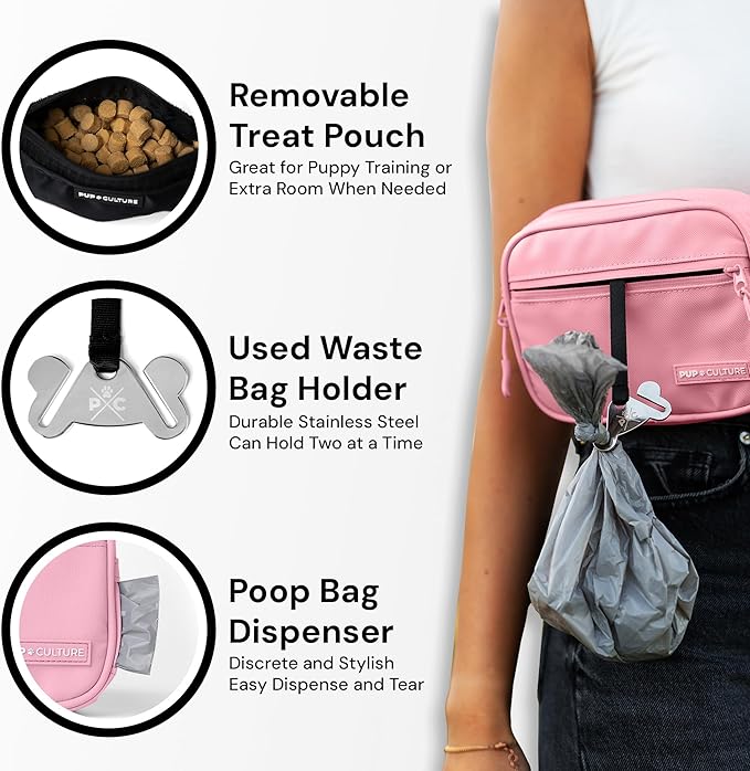 Pup Culture Cross Body Training Treat Pouch | Removable for Anytime Puppy Training | Built-in Poop Bag Dispenser & Used Bag Holder | Stylish Pink Dog Pouch