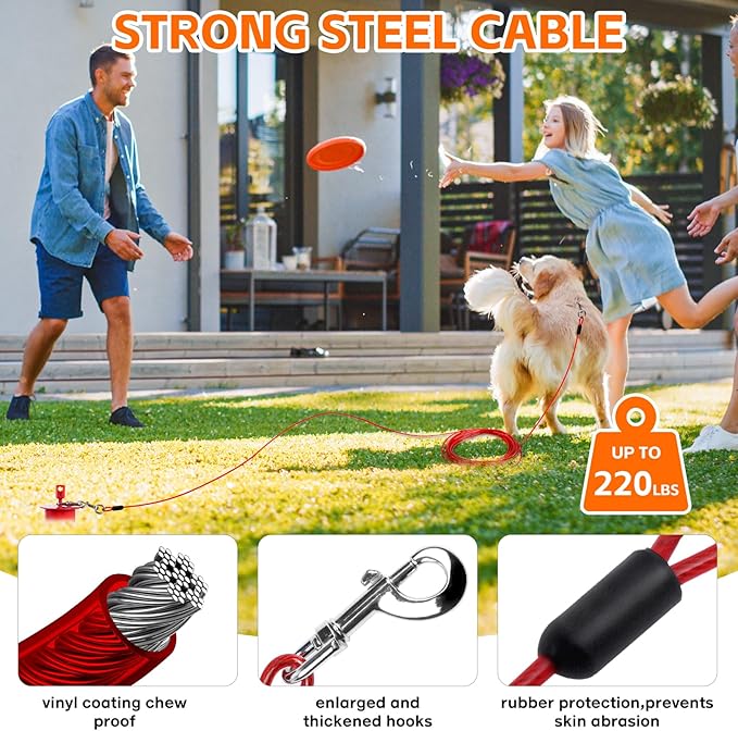 Snagle Paw Dog Tie Out Cable & Stake with Lock Cap - 30ft Heavy Duty Rust Proof Cable, 360° Swivel Dog Yard Leash & Stake Up to 220 lbs - Ground Anchor for Yard, Beach, Camping & Outdoor Use