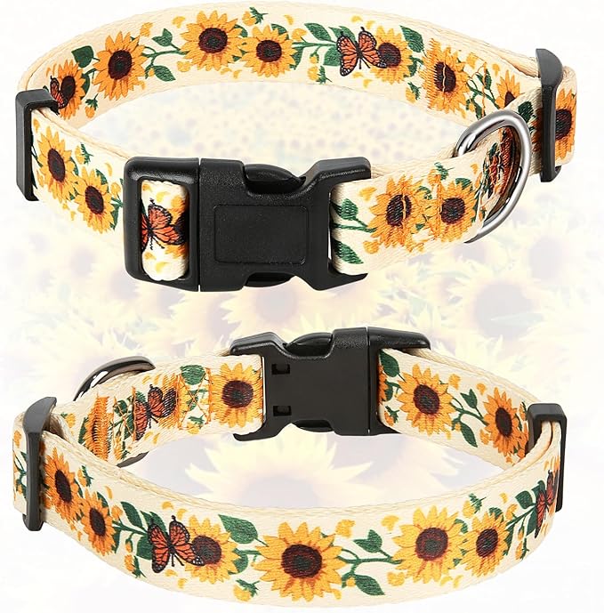 HEELE Dog Collar, Adjustable Soft Dog Collar for Small Medium Large Dogs,Sunflower Floral Patterned Puppy Collars with Quick Release Buckle Sunflower Yellow S Length 9.84''-14.96'