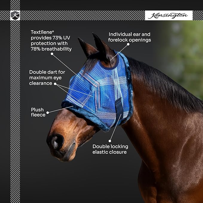 Kensington UV Fly Mask with Fleece Trim - Protective Mask with Dual Ear Opening & Forelock Freedom - Large, Atlantis