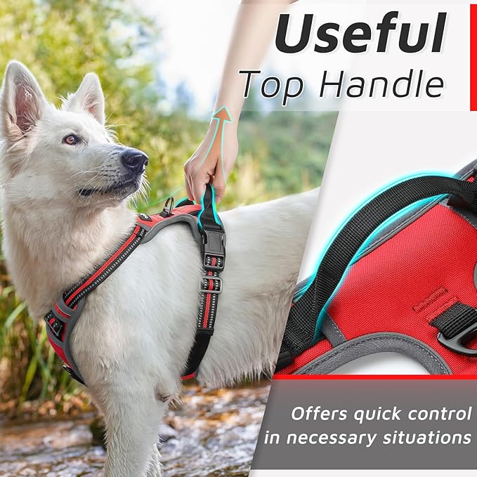 Eagloo Dog Harness for Large Dogs, No Pull Service Vest with Reflective Strips and Control Handle, Adjustable and Comfortable for Easy Walking, No Choke Pet Harness with 2 Metal Rings, Red, L