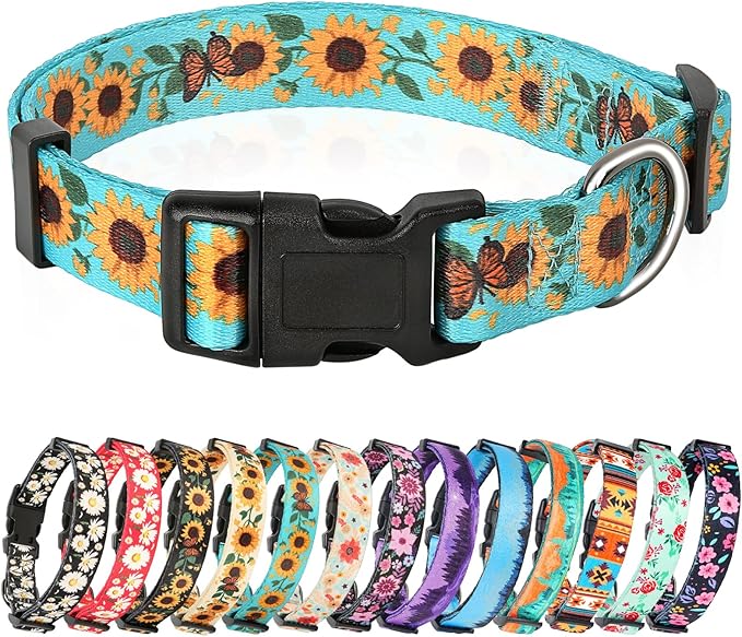 HEELE Dog Collar, Adjustable Soft Dog Collar for Small Medium Large Dogs,Sunflower Floral Patterned Puppy Collars with Quick Release Buckle Sunflower Green S Length 9.84''-14.96'