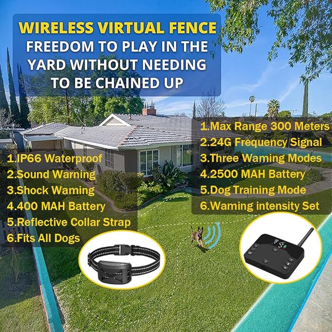 Wireless Dog Fence,Outdoor Electric Pet Containment System with Remote, Waterproof Training Collar with Adjustable Vibration & Shock, Safe Effective, Boundary Container for 1/2/ 3 Dogs,for2dogs