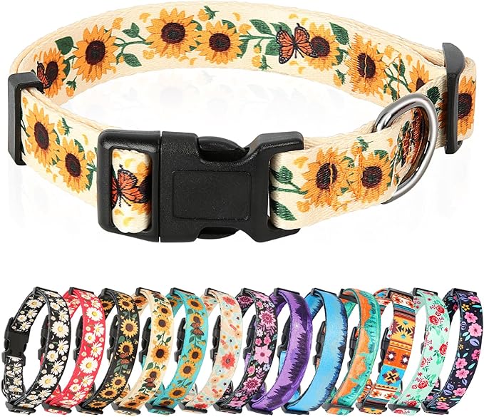 HEELE Dog Collar, Adjustable Soft Dog Collar for Small Medium Large Dogs,Sunflower Floral Patterned Puppy Collars with Quick Release Buckle Sunflower Yellow M Length 13.39''-20.87''