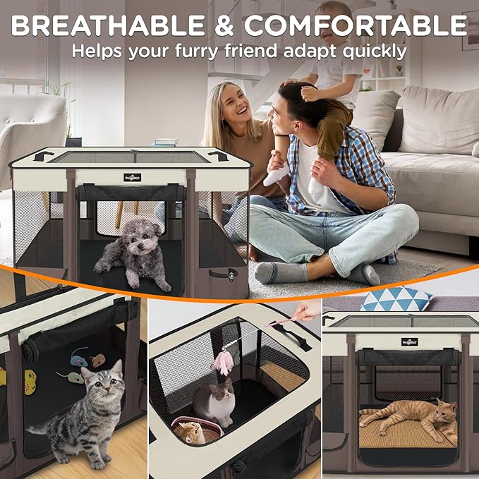 Foldable Pet Kitten Playpen, Upgrade Waterproof Portable Cat Dog Playpen Kennel Tent for Small Dog Cat, Removable Shade Cover, Indoor Outdoor Use for Small Pet, Brown