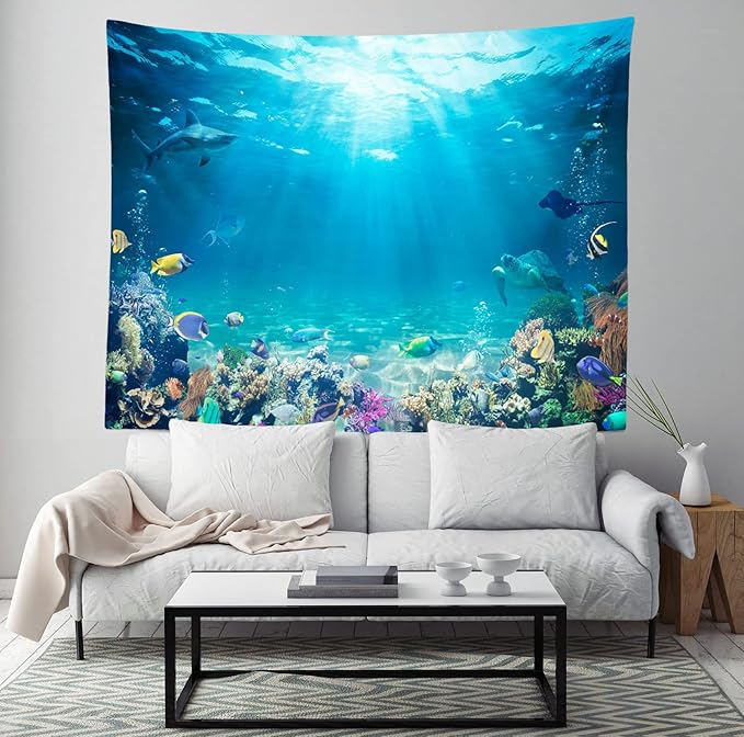 Loccor Underwater World Tapestry Blue Ocean Wall Hanging Under the Sea Coral Reef Wall Tapestry Tropical Fish Tank Undersea Tapestries Marine Wall Art for Bedroom Living Room Dorm Decor 60X40 Inches