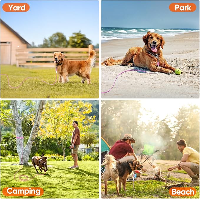 Tresbro 30FT Reflective Tie Out Cable for Dogs Up to 250 Pounds, Steel Wire Lead Leash Cable with Stainless Rotatable Buckle, Lightweight and Enduring, Dog Chains Outside for Outdoor, Yard, Pink