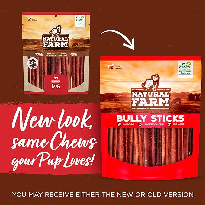 Natural Farm Odor-Free Thin Bully Sticks (12”, 25-Pack) All-Natural Long-Lasting Dog Chews, 100% Beef Pizzle, Grass-Fed, Grain-Free, Protein for Muscle Development & Energy, Perfect for Large Dogs