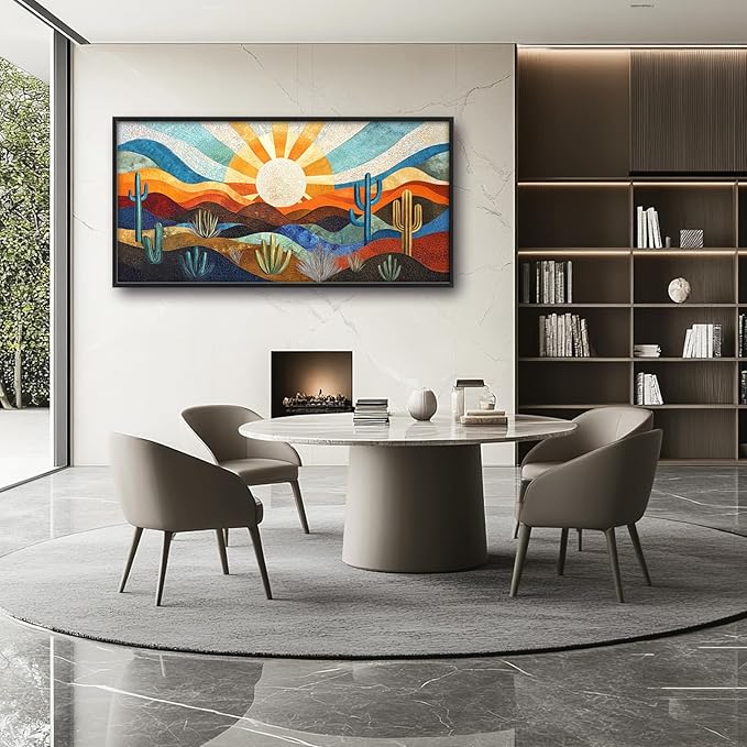 Extra Large Framed Abstract Boho Desert Wall Art, Sun Cactus Landscape Wall Decor Pictures for Living Room,Cacti Canvas Print Painting Modern Artwork Bedroom Office Bathroom Home Decor 60L x 30W