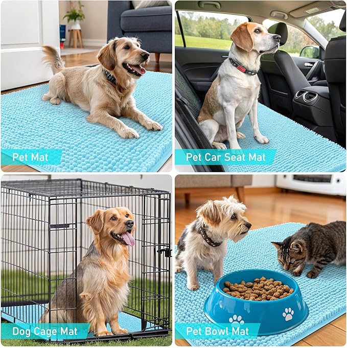 OLANLY Dog Door Mat for Muddy Paws 47x17, Absorbs Moisture and Dirt, Absorbent Non-Slip Washable Doormat, Quick Dry Chenille Mud Mat for Dogs, Entry Indoor Entryway Carpet for Inside Floor, Blue