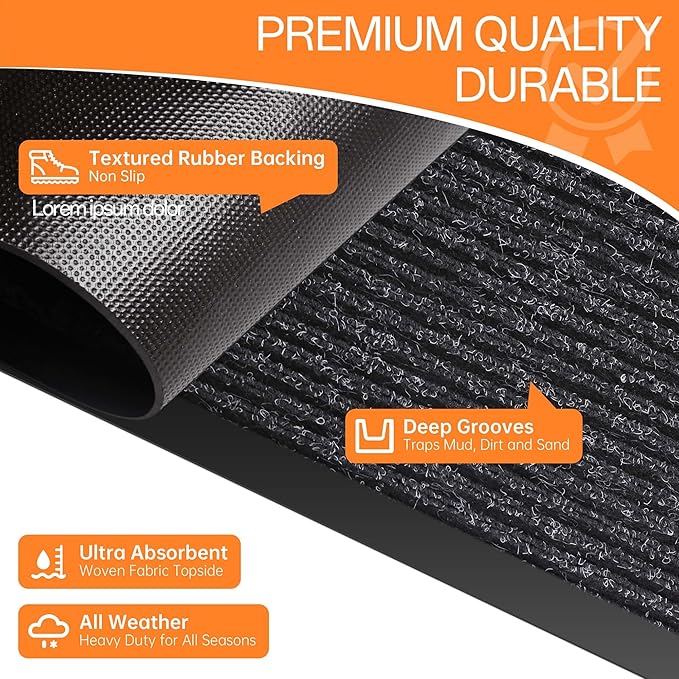Indoor Outdoor Door Mat, 6' x 3' Doormat for Entryway, Rubber Backing Non Slip Front Door Mat Outside Entrance, Super Absorbent Commercial Floor Mat for Home Office, Black