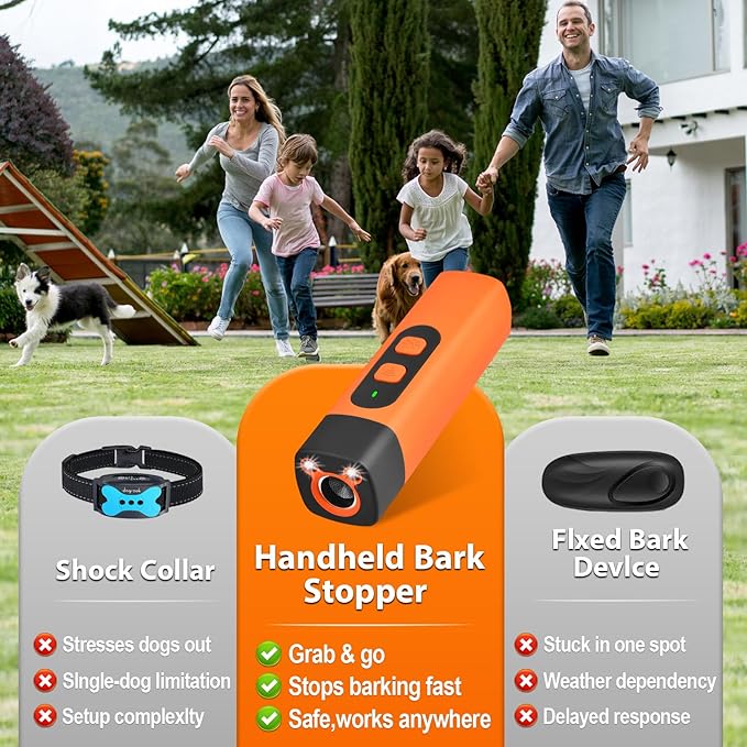 Dog Bark Deterrent Device, Anti Barking Device for Dogs, 25FT Ultrasound Dog Bark Deterrent 3 Modes with LED Flashlight, for Training to Improve Bad Behavior (Orange)