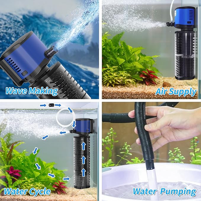 TARARIUM Aquarium Filter 260GPH for 30-55 Gallon Fish Tank, Biochemical Quiet Submersible Internal Filtration Powerful Pump Air Supply Wave Maker 4 in 1, Saltwater & Freshwater Crystal Clear