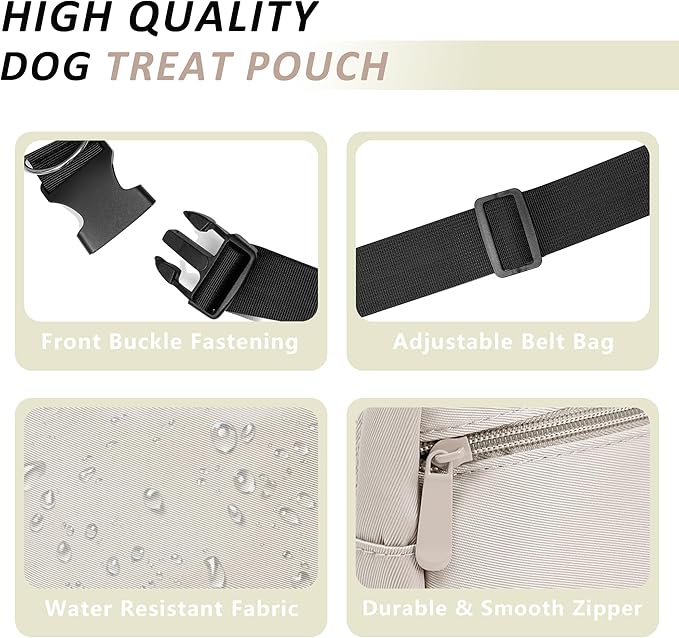 Puppy Dog Treat Pouches for Pet Training Treat Bag, Dog Walking Fanny Pack with Carabiner, Built-in Poop Bag Dispenser & Reuse Dog Poop Holder, Puppy Pet Treat Waist Belt (Cream)