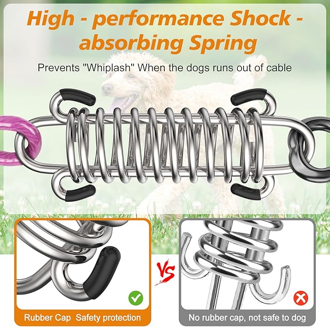 Tresbro 120FT Dog Tie Out Cable with Spring, Shock Absorbing Tether Chains for Outside Aavilable in 10/15/20/25/30/40/50/70/100/120 FT, Heavy Duty Leads for Yard for Medium & Large Dogs Up to 500 LBS