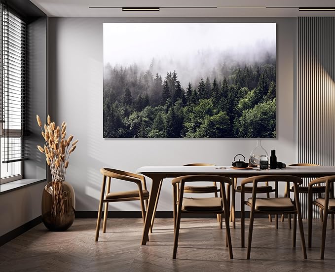 Nature Wall Art Prints - Ocean Forest Mountain Lake Canvas Landscapes - Small to Extra Large Living Room Bedroom Kitchen Bathroom Décor (Foggy Pine Forest, 31L" x 47W")
