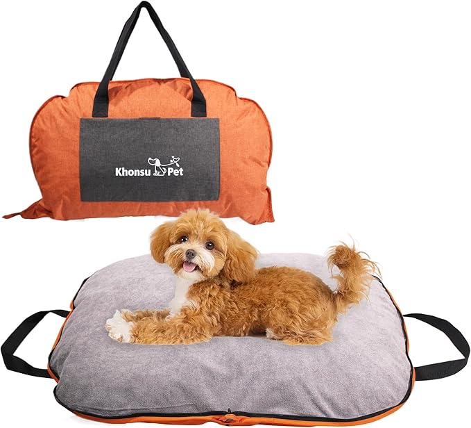 Portable Waterproof Dog Mat for Camping, Patio & Travel - Foldable Outdoor Dog Bed with Teflon Shell & Removable Plush Pad - Easy Clean, Durable - S (Bright Orange)