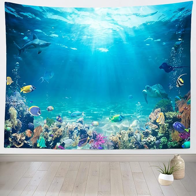 Underwater World Tapestry Blue Ocean Wall Hanging Under the Sea Coral Reef Wall Tapestry Tropical Fish Tank Undersea Tapestries Marine Wall Art for Bedroom Living Room Dorm Decor 118''x98''