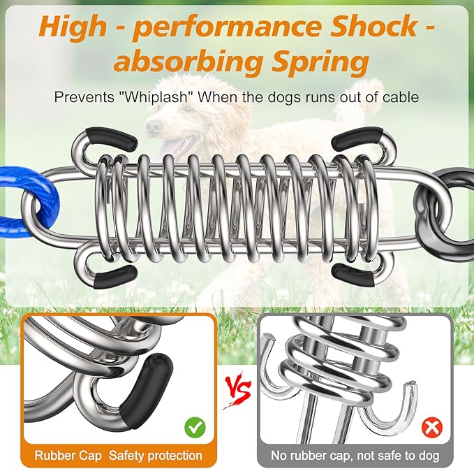 Tresbro 10 FT Dog Tie Out Cable with Spring, Shock Absorbing Tether Chains for Outside Aavilable in 10/15/20/25/30/40/50/70/100/120 FT, Heavy Duty Leads for Yard for Medium & Large Dogs Up to 500 LBS