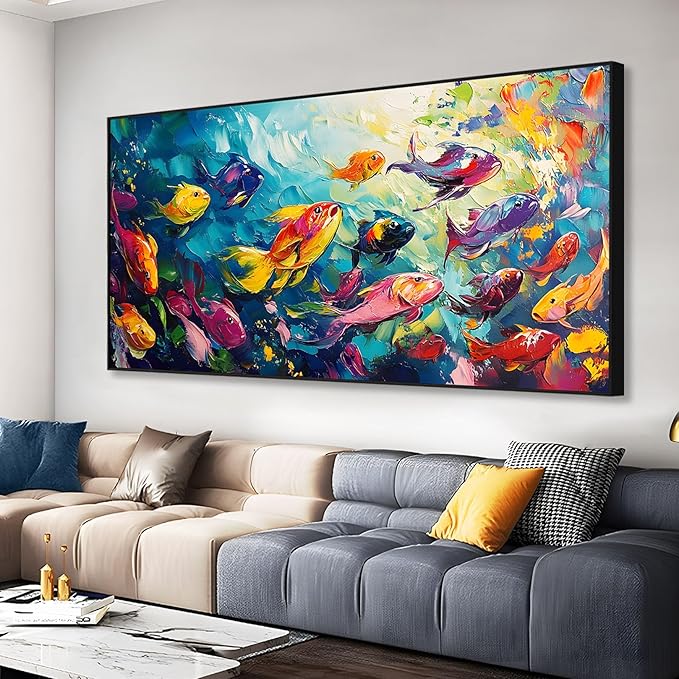 School of Fish Printed Canvas Wall Art – Framed Abstract Ocean Print – Vibrant Fish Wall Decor for Living Room, Bedroom, Office (Gold Framed, 39"x19"|100x50cm)