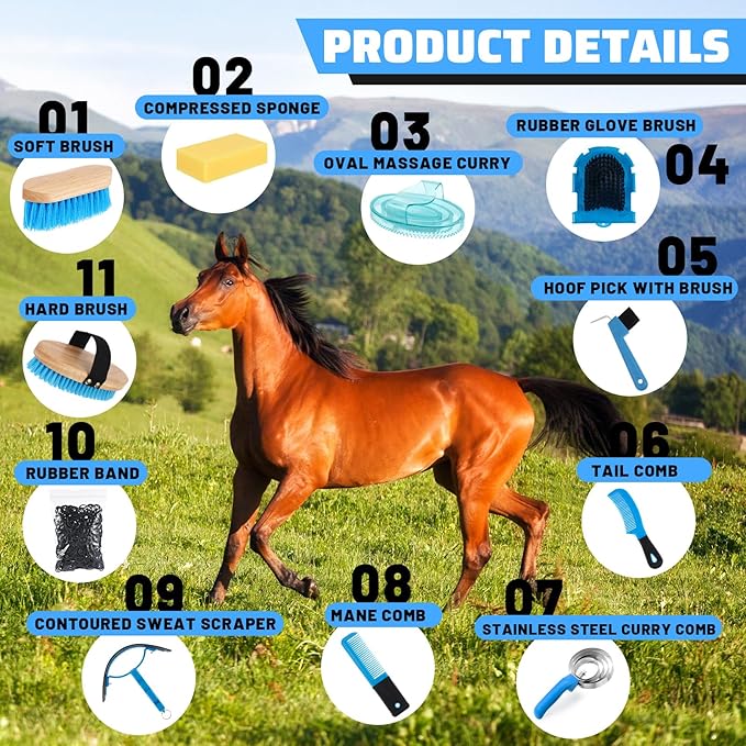 Abbylike 12 Pieces Horse Grooming Kit Racing Festival Tack Room Supplies Horse Brush Sets Equine Care Cleaning Kit Shedding Grooming Massaging Tools(Blue)